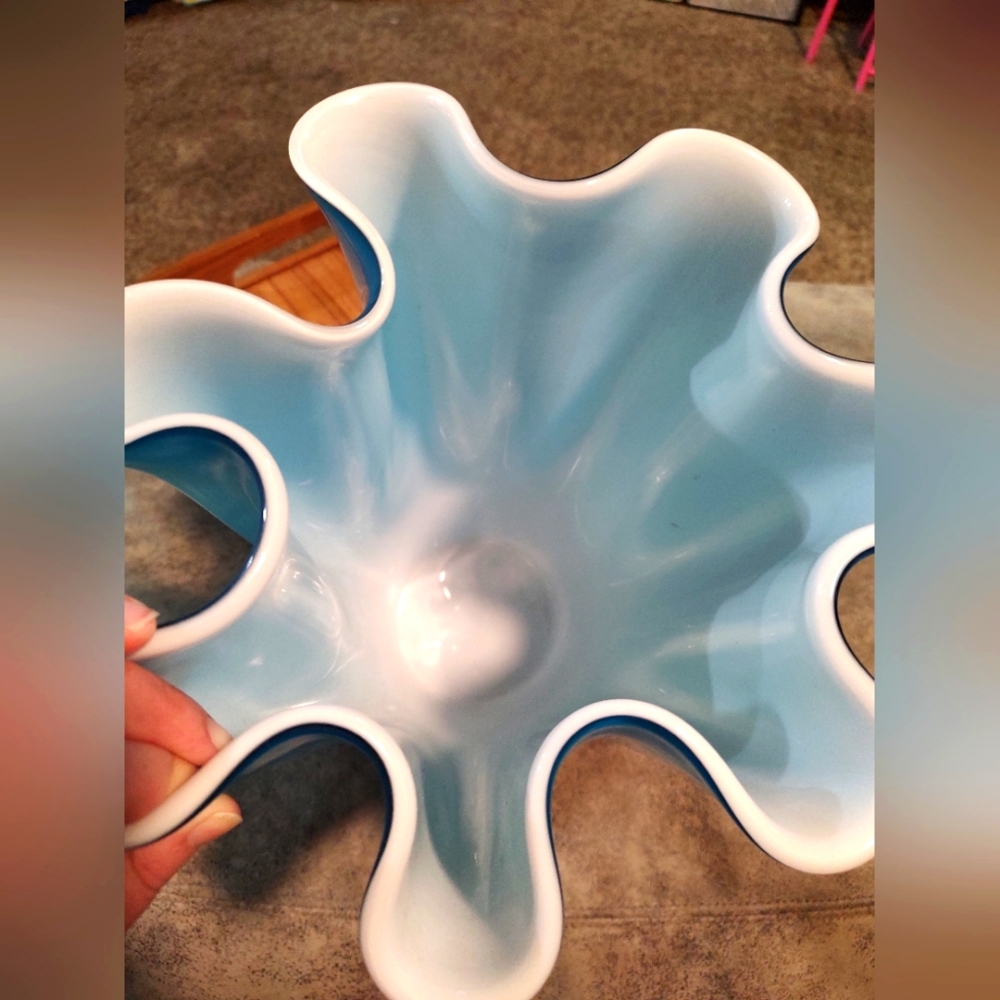 Large Beautiful Vintage MCM Turquoise unique blown glass Murano cased vase RARE - Picture 9 of 11